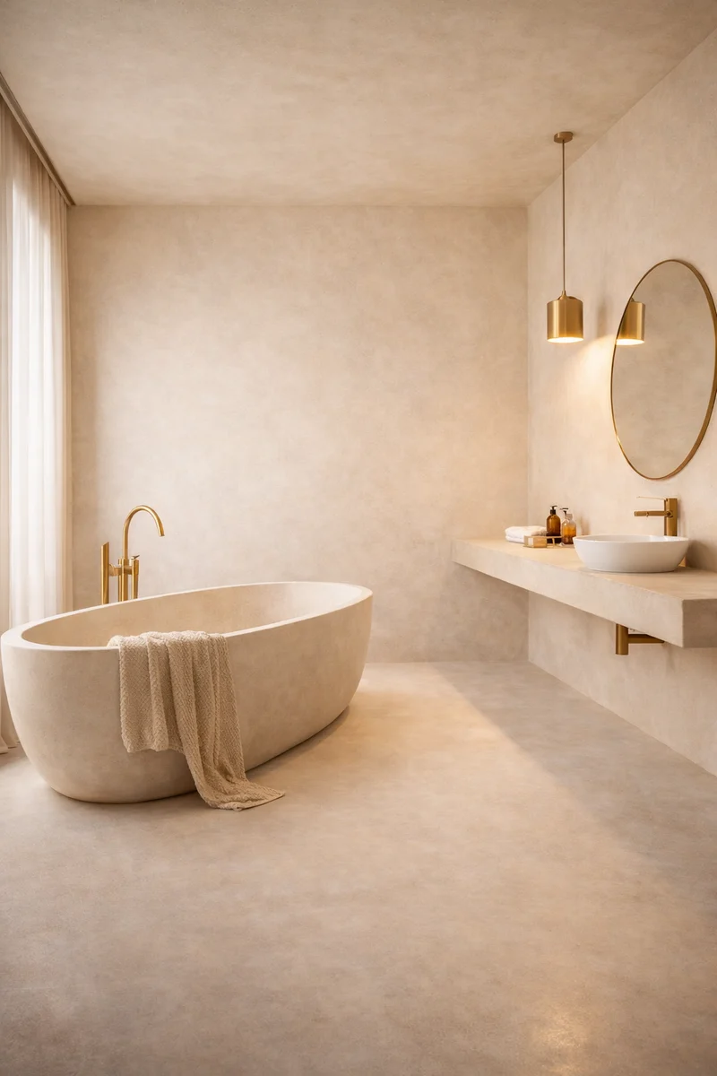 Champagne cream artisanal microcement bathroom in a Park City, Utah home with sculptural soaking tub and brass fixtures